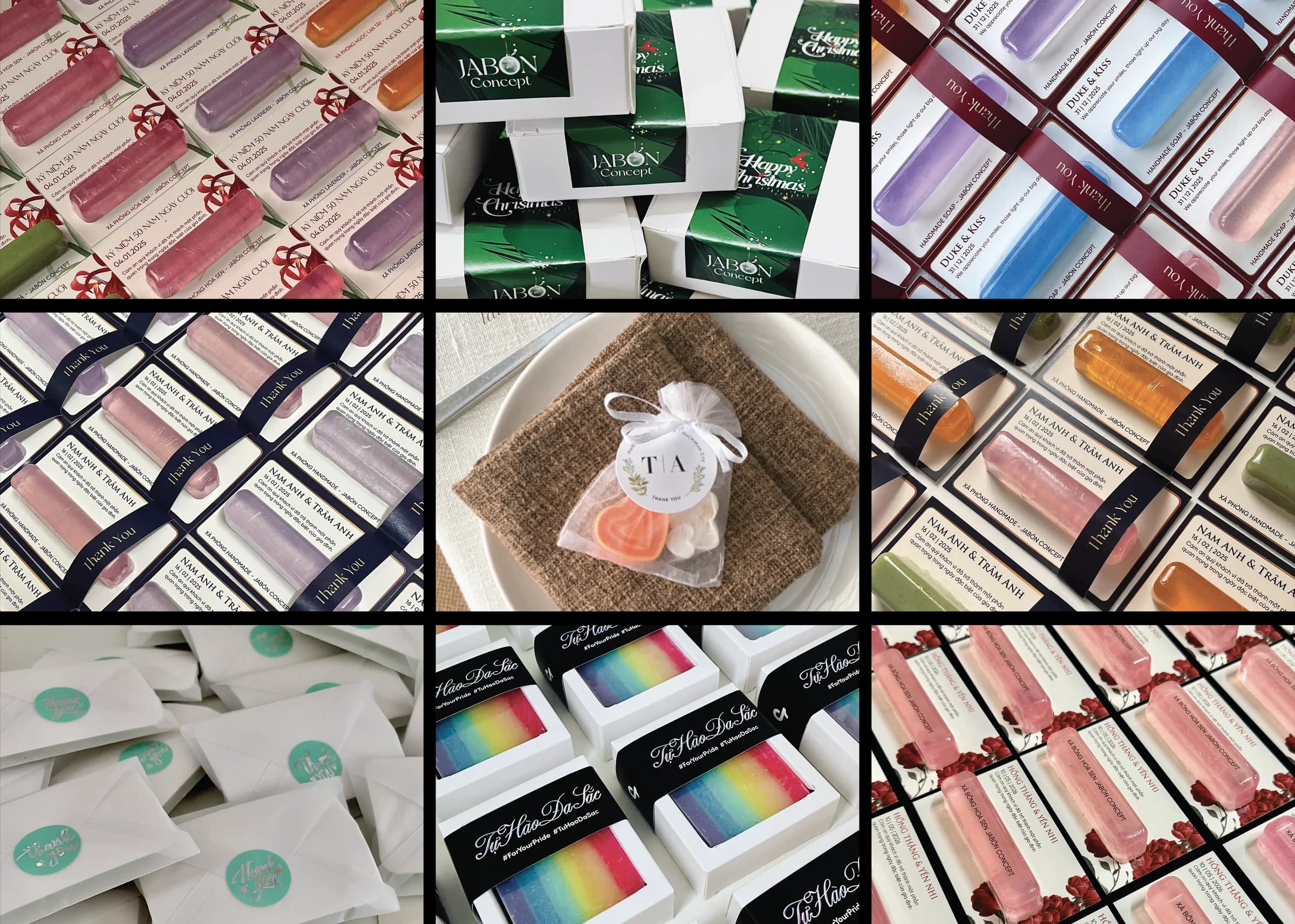 Chín khung ảnh xếp thành lưới, mỗi khung là một phần quà xà bông Jabón Concept đã giao: xà bông pastel gắn trên thiệp, hộp giấy thắt ruy băng, túi vải nhỏ buộc nơ và phong bì dán nhãn tròn.